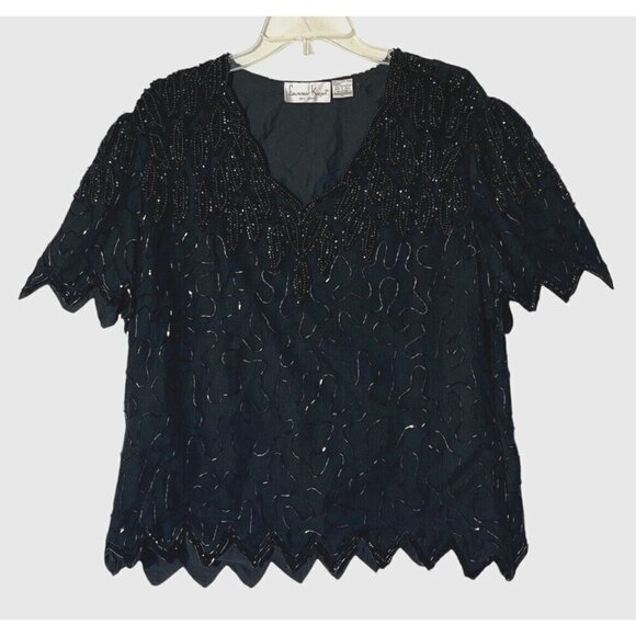 Laurence Kazar Tops - VTG Lawrence Kazar Black 100% Silk Sequin Beaded Evening Party Top Blouse